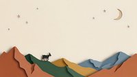 Silhouette of a goat standing on layered paper cut mountains in warm and cool tones with crescent moon and stars, suitable for nursery wall art and children's room decor.