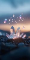 Magical crystal cluster glowing at sunset with floating crystal fragments and bokeh lights, creating mystical atmosphere against blurred nature background.