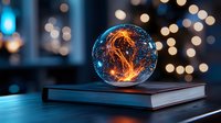 Magical glowing crystal ball with fiery dragon silhouette inside rests on book against blurred bokeh lights background, creating mystical fantasy atmosphere.
