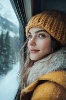 Young woman in mustard knit beanie and winter coat looking out snowy train window with peaceful expression during winter travel journey.
