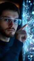 Young Caucasian male scientist with protective glasses interacting with glowing blue digital network visualization, representing advanced technology and data analysis.