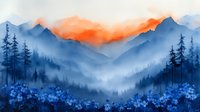 Misty mountain landscape at sunset with blue pine forest silhouettes and wildflowers in foreground, orange sky and layered peaks create atmospheric depth.