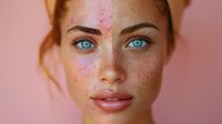 Young woman with freckles and bright blue eyes on pink background, natural beauty portrait showing glowing skin and minimal makeup for cosmetic and skincare advertising.