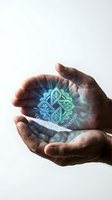 Protective hands cupping glowing digital innovation symbol with circuit patterns representing technology advancement and sustainable development solutions.
