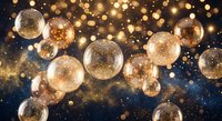 Floating golden bubbles with sparkling glitter against dark blue background with warm bokeh lights for luxury celebration and party designs.