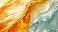 Flowing liquid abstract background with golden orange and turquoise colors merging in wavy pattern with bubbles and light effects creating dynamic texture.