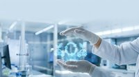 Scientist in white lab coat and gloves holding glowing holographic eco car icons with green leaves in modern laboratory environment.