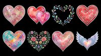 Watercolor heart clipart set with floral and ornate designs, isolated on transparent background. Great for Valentine's Day t-shirts, stickers, and print on demand.