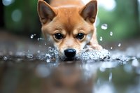 Adorable Shiba Inu puppy drinking water with splashes around muzzle, close-up portrait showing wet nose and alert expression in outdoor setting.