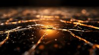Glowing orange light shines through cracked glass surface creating dramatic abstract pattern with dark background and bokeh effect for technology concept.