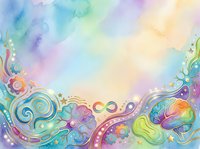 Colorful abstract watercolor background with flowing swirls, infinity symbols, and decorative elements in pastel rainbow hues. Suitable for creative projects and design backgrounds.