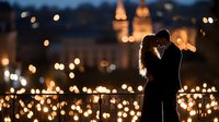 Romantic silhouette of young couple embracing on bridge with glowing city lights and historic cathedral spires in background creating magical evening atmosphere.