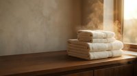 Folded cream towels stacked on wooden table by sunlit window in minimalist interior, suitable for spa, hotel, and home decor designs.