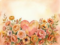 Watercolor floral arrangement with pink heart centerpiece surrounded by roses, peonies and botanical elements on soft textured background for romantic designs.