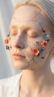 Young blonde woman with artistic floral face art featuring delicate paper flowers and golden branches in conceptual beauty portrait for creative projects.
