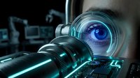 Close-up of a person's eye with blue iris viewed through a high-tech optical lens and digital interface, representing surveillance, biometric scanning, and advanced technology monitoring systems.