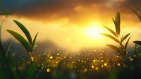 Magical sunset scene with glowing fireflies among green plants silhouettes. Golden sunlight creates dreamy bokeh effect through grass blades at dusk.
