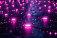 Abstract technology network with glowing pink nodes and connecting lines on dark background, creating futuristic digital landscape with bokeh light effects.