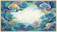 Ornate decorative frame with swirling clouds in blue, purple and gold tones creating elegant border with white center space for text or design elements.
