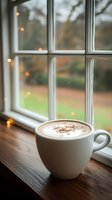 Hot cappuccino with foam and chocolate sprinkles on wooden windowsill against window with bokeh lights, cozy autumn atmosphere for social media and blogs.