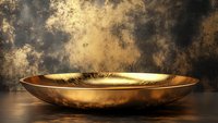 Luxurious golden bowl on dark textured background with dramatic lighting, metallic reflective surface creates elegant atmosphere for luxury product display.