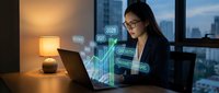 Asian businesswoman analyzing financial data with holographic charts and graphs on laptop in modern office at night.