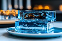 Glowing blue ice blocks on white plate with bokeh lights background, dramatic close-up showing frozen bubbles and crystal clarity. Luxury restaurant atmosphere.
