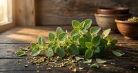 Fresh oregano herbs with scattered dried leaves on rustic wooden table in warm sunlight for cooking and culinary seasoning applications.