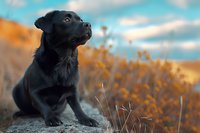 Black Labrador puppy sitting outdoors against autumn background with orange foliage and blue sky, looking up with attentive expression in natural setting.