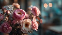 Soft pink ranunculus flowers in elegant bouquet with warm bokeh lights creating romantic atmosphere for wedding decor and special occasions.