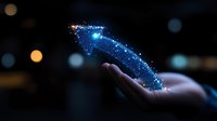 Magical glowing blue arrow made of sparkles and light particles floating above open palm against dark background with bokeh lights. For business concept designs.