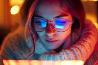 Young Asian woman in glasses illuminated by neon blue light and warm bokeh glow, wearing cozy knit sweater, looking down with gentle smile in atmospheric evening setting.