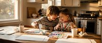 Young Caucasian siblings painting together at kitchen table with watercolors during golden hour sunlight streaming through window.