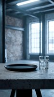 Minimalist dining setup with empty black plate and glass of water on concrete table in modern industrial loft space with brick walls and natural light.