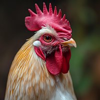 Close-up portrait of rooster head with vibrant red comb and wattles, golden feathers, sharp beak for poultry farming, agriculture, livestock content.