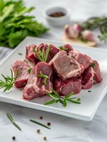 Fresh raw lamb or beef meat chunks on white plate with rosemary sprigs, garlic, and peppercorns. Food photography for restaurant menu or cookbook.