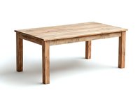 Rustic wooden dining table with natural grain pattern on white background, rectangular shape with sturdy legs, minimalist farmhouse style furniture piece.
