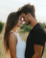 Young romantic couple touching foreheads at sunset, she in white dress, he in black t-shirt and glasses, sharing intimate moment against blurred natural background.