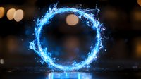 Glowing blue energy ring with magical flame effect floating over reflective surface against dark background with bokeh lights creates mystical atmosphere.