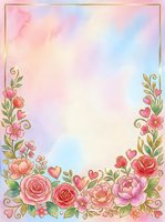 Watercolor floral frame with pink roses, peonies, and heart shapes on pastel gradient background. Isolated design element ready for invitations, greeting cards, and wedding stationery projects.