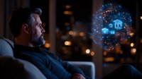 Middle-aged Caucasian man with gray beard contemplating glowing holographic house projection, representing future real estate technology and smart home concept.