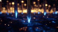 Glowing blue light beam piercing through dark space with golden bokeh particles and sparkles floating in mystical atmosphere, abstract futuristic background.
