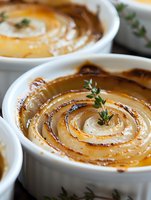 Creamy potato gratin arranged in spiral pattern topped with fresh thyme in white ramekin, golden brown surface with caramelized edges, close-up food photography.