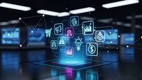 Digital business icons floating above modern office floor with holographic technology display for corporate presentations and fintech solutions.