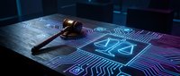 Wooden gavel on digital legal interface with glowing neon law symbols and circuit patterns, representing cyber law, digital justice, and technology-based legal services.