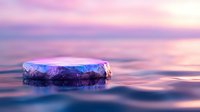 Floating ice chunk in calm water during sunset with pink and purple sky reflections creating serene winter landscape for nature and climate concepts.