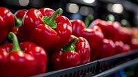 Fresh red bell peppers lined up in grocery store display, showing vibrant color and glossy surface with green stems in selective focus against dark background.