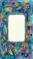 Ornate decorative frame with colorful feathers, beads, and watercolor background in teal, purple, and gold tones. Isolated design element ready for invitations, cards, posters, and digital projects.