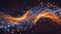Glowing golden and blue particles flow in dynamic waves across dark background, creating luminous trails of light and energy for technology, innovation, and digital design projects.
