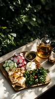 Fresh Mediterranean appetizer platter with pita bread, sliced vegetables, herbs, dips and herbal tea served on wooden board in natural sunlight with leaf shadows.